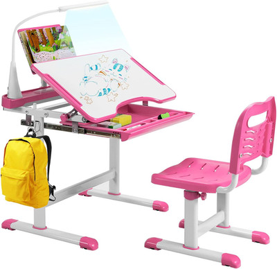 Höhenverstellbares Kinder Schreibtisch und Stuhl Set mit Neigungsplatte LED hellrosa