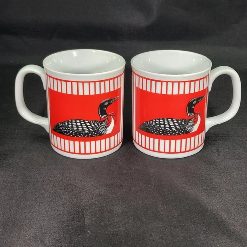 2 - Curzon Mid Century Modern Vintage Duck Loon Striped Coffee Mugs Teacups