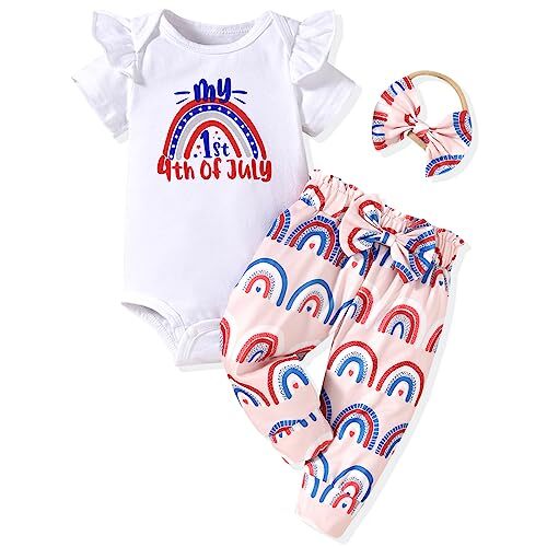 fourth of july infant dresses Gvdentm 4th Baby Girl Outfits American Flag Romper of July Ruffle Sleeve Memorial Bodysuit Clothing Baby Girl Clothes 3-6 Months(White,0-3 Months) Shirt is embroidered with the saying 1st 4th of July Fourth of July Baby Girl
