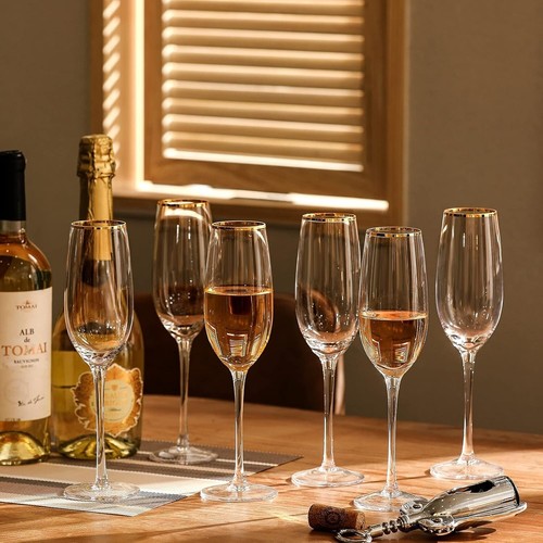 Gold Rim Champagne Flutes 8.0 oz Set of 6 Hand Blown Clear Glass with Golden Rim - Picture 4 of 10