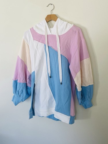 NWT $120 Anthropologie Pilcro Patchwork Hooded Sweatshirt Blue Pink Yellow White - Picture 3 of 8
