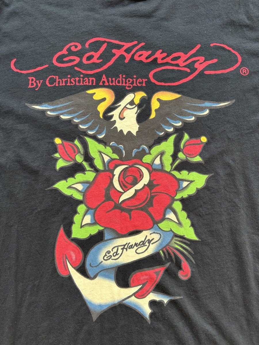 NWT Vintage Ed Hardy by Christian Audigier Black Cotton Rose Eagle
