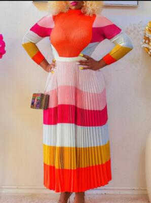 Womens Fashion 2Pcs Multicolor Long Sleeve T Shirt Top Long Pleated Skirt  NWON