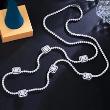 CZ Square Long Sweater Chain Tennis Necklace Silver Plated Cubic Zirconia Party