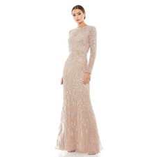 Mac Duggal Beaded Long Sleeve Evening Gown High Neck Mocha Size 6 NWT