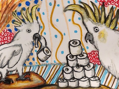COCKATOO Hoarding Toilet Paper Parrot Exotic Bird Art Print 8 x 10 Signed  KSams