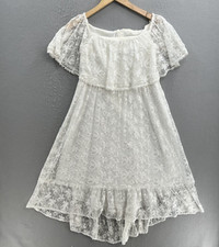 David  s Bridal White Dress Girls Size 14 Cold Shoulder Sleeves Lace Flower Girl