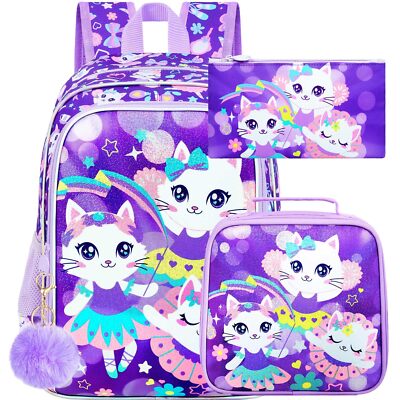 3PCS Girls Cat Backpack 16'' Kids Bookbag Lunch Box Water Resistant School Bag