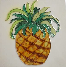Pineapple  hand painted ceramic art tile 8 x 8 inches with fiberboard back