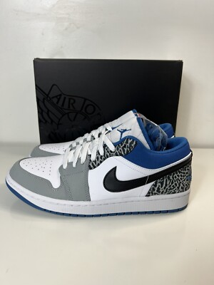 Jordan Retro Low Top Sneakers in Black, Royal Blue and Grey Elephant Print Custom Navy and Dark Grey Elephant Print Jordan 1 Low - Etsy main image 3