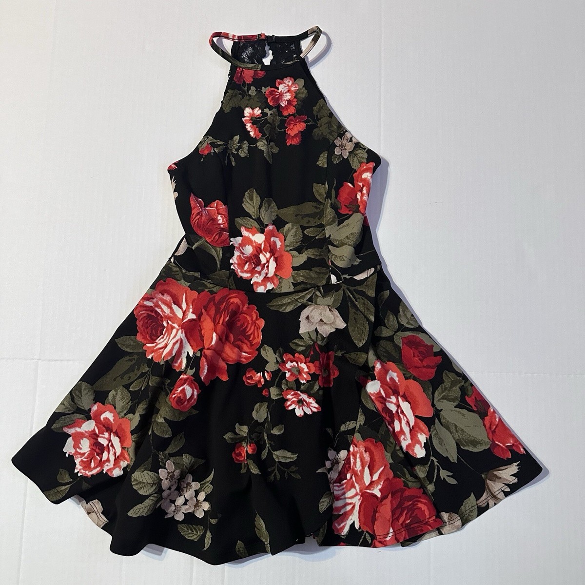 open lace back dress Black And Red Floral Wrap Short Dress