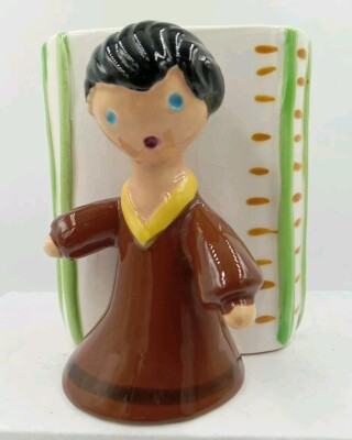  Rare Vtg Kitschy Japan Planter Vase 3D Blue Eyed Girls Lime Green Accents 4''