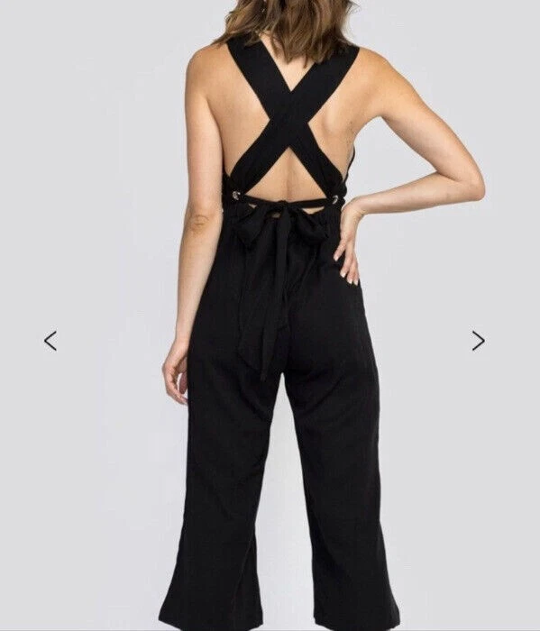 Wildfox Gene Crop Jumpsuit S Black Flare Leg Tie Back Elastic Waist Casual - Image 2 of 4