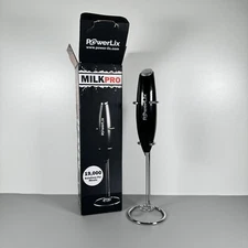 PowerLix Milk Pro Handheld MILK FROTHER w/Chrome Stand | Battery Powered | Black