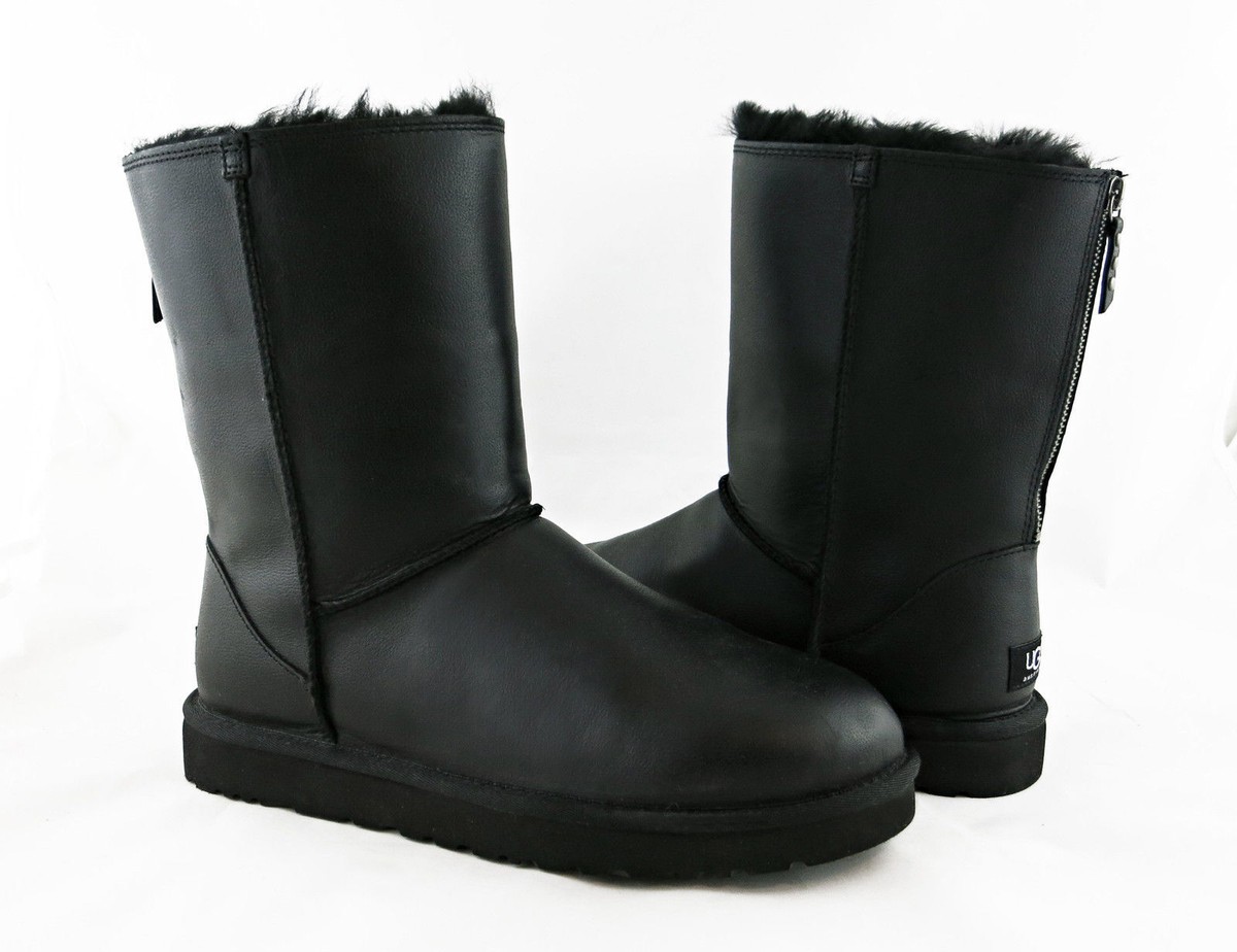 UGG Australia Classic Short Zip Black Leather Fur Sz 8 Boots