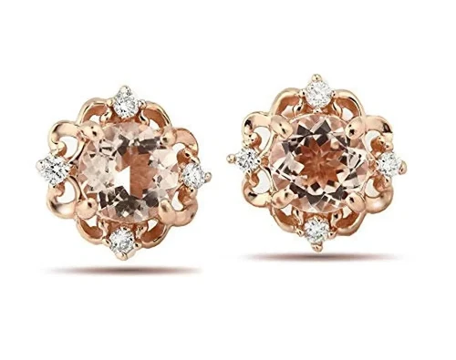2Ct Round Lab-Created Morganite Halo Stud Earrings 14K Rose Gold Plated Silver