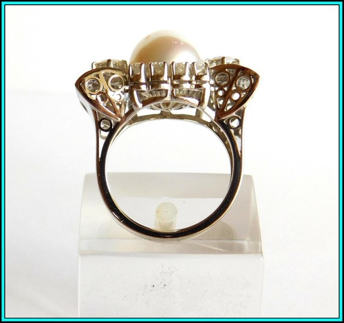 1950's Vintage Platinum 2.22 ctw Diamonds & 10.80mm Silver Pearl ART DECO RING - Imagen 6 de 12