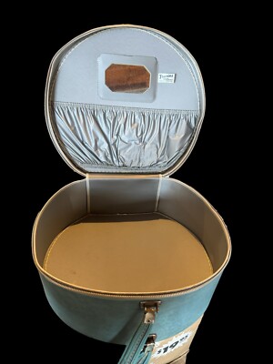 Vintage Cream Travins Hat Box Round Zippered Travel Case Luggage with  Mirror 16”