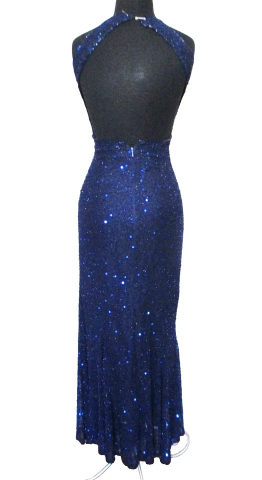 Maxi Vestido Vintage Scala XS Mujer Negro Seda Gasa Azul Cuentas y Lentejuelas Foto 4 de 4