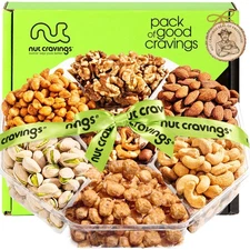 NUT CRAVINGS - Holiday Christmas Mixed Nuts Gift Basket + Green Ribbon 7 Asso...