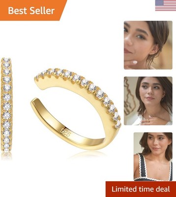 Sterling Silver 12mm CZ Pave Non-Pierced Huggie Ear Cuffs   Elegant & Adjustable