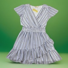 Michael Kors Dress Striped Georgette Blue White Ruffle Women Sz L Flutter Sleeve