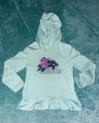 adidas Girls Blue Pullover Hoodie Logo Graphic Print Jersey Polyester 6X