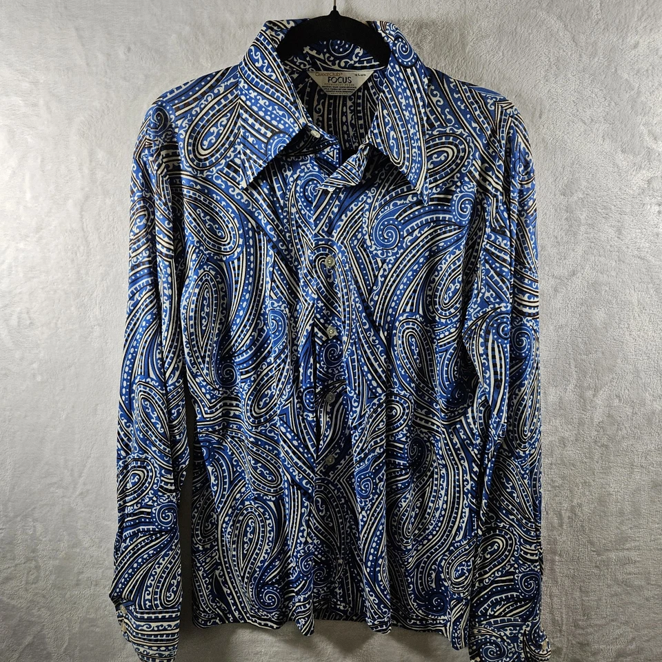 Camisa Discoteca Vintage Años 60 70 Carrera Club Focus Hombres Grande AOP Geométrica Hecha en EE. UU. Foto 2 de 4