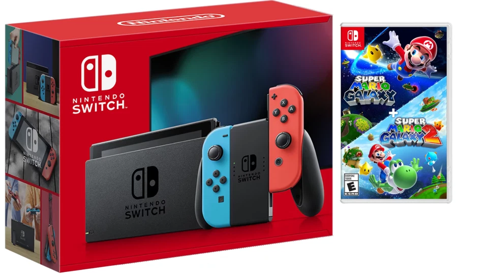 Nintendo Switch Rojo Neón Azul + Super Mario Galaxy 1&2 ⭐ Paquete de 2 Consola de Juegos