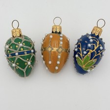 Set of 3 Hand Decorated Christmas Ornaments Blue, Green, Yellow w/ Gold  Pearls