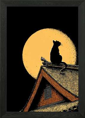 Katze auf Dach unter Vollmond gerahmtes Wandbild Poster Leinwanddruck Bild