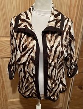 Chico s Open Front Blazer Animal Print Brown 3/4 Sleeve Safari Size 2 Large