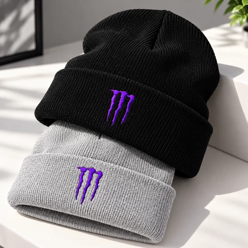 Monster Purple Embroidered Cuffed Beanie, Winter Knit Hat - product listing photo