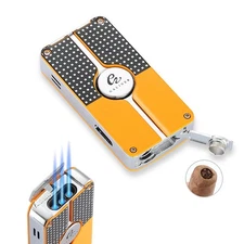 Windproof Triple Jet Torch Flame Cigar Cigarette Lighter with Punch Tool Yellow