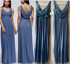 David  s Bridal Steel Blue Long Mesh Bridesmaid Dress w/Cowl Back Detail Sz.4 NWT