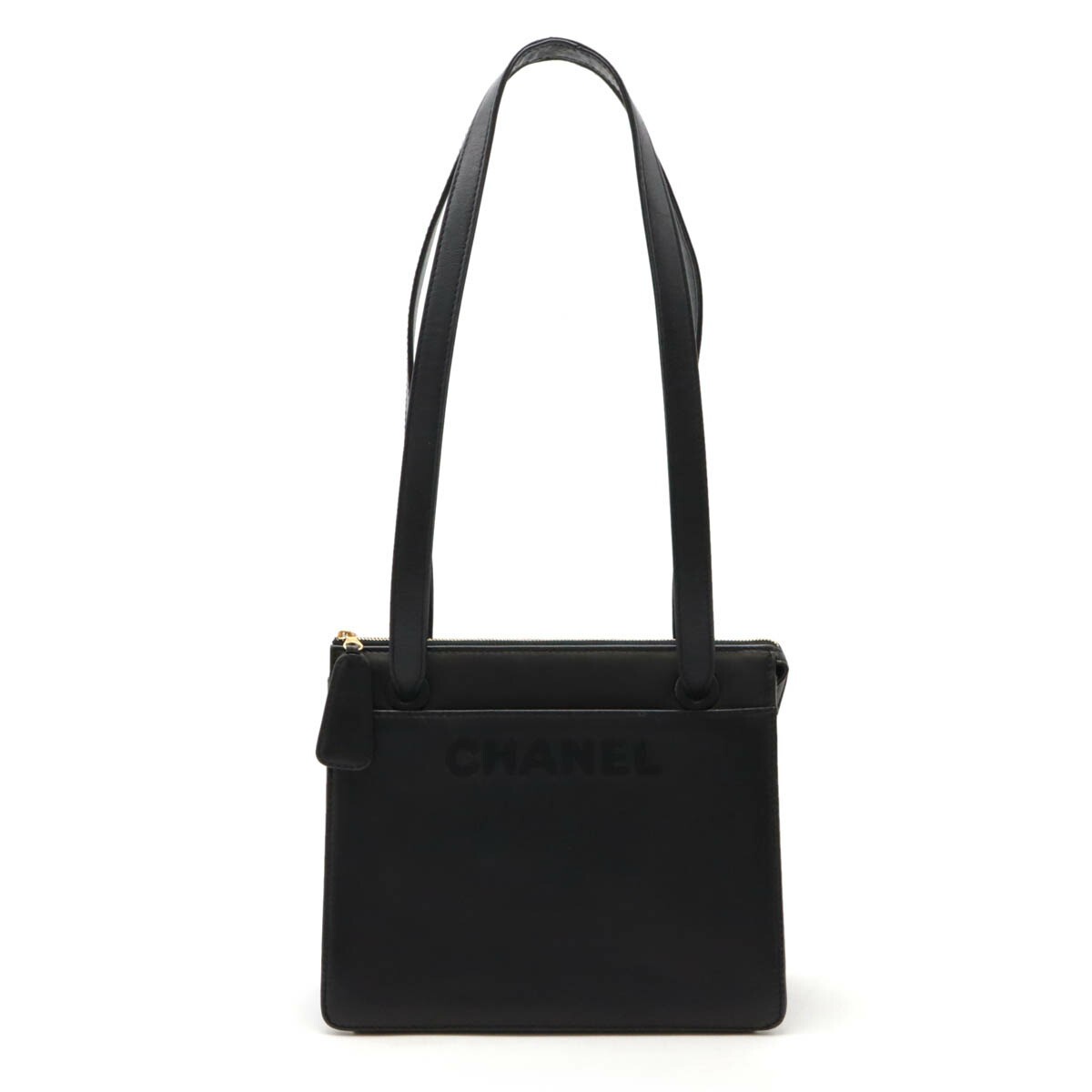 CHANEL Black Leather Tote Bag with Gold Logo Embroidery & Hardware