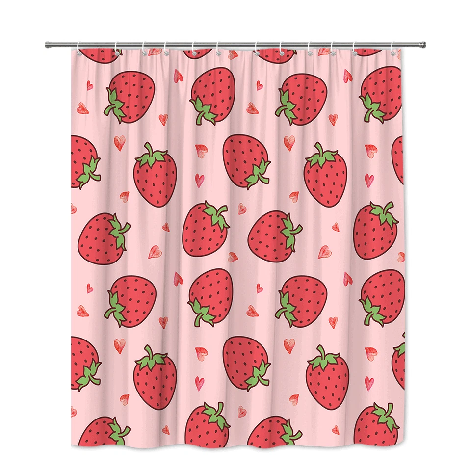 Pink Strawberry Shower Curtain, Cute Fruit Design Washable Bathroom Decor - Image 2 of 4