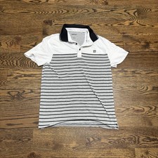 DKNY Men  s Medium Black Gray White Striped Polo Shirt Sleeve Shirt