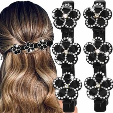 Sparkling Crystal Stone Braided Hair Clips for Women Black Flower Rhinestone