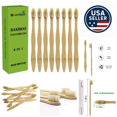 8-Pack Eco-Friendly Bamboo Toothbrush with Natural Boar Bristles - Biodegradable