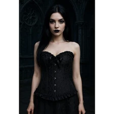 Black Brocade Gothic Corset Top Medium Ruffle Trim & Lace-Up Back