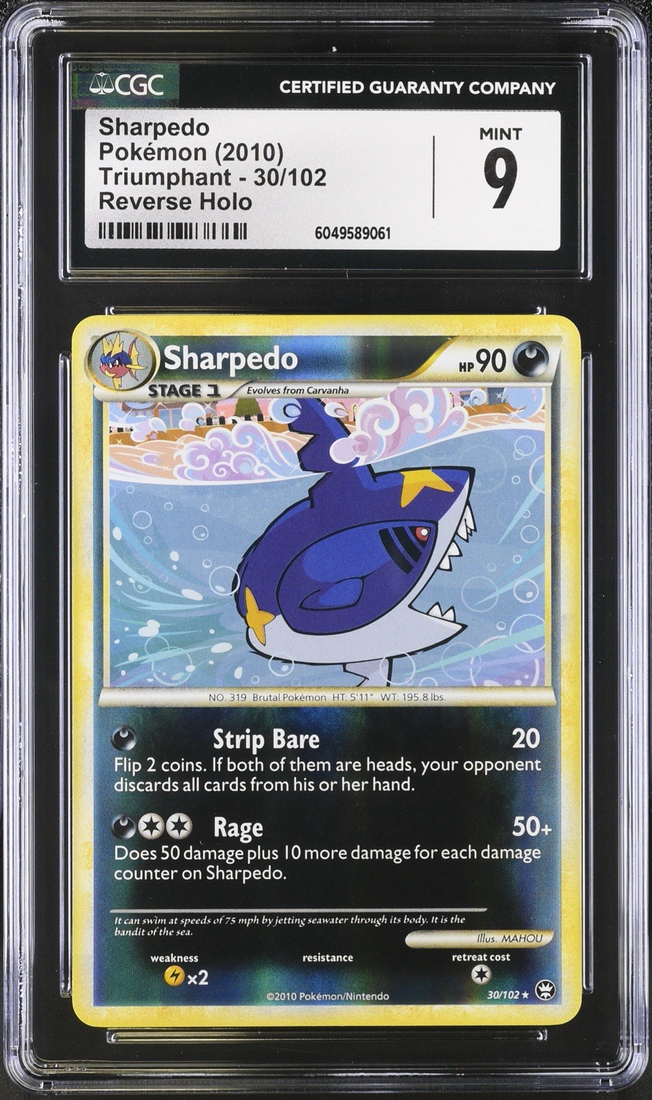 CGC 9 MINT Sharpedo 30/102 HGSS Triumphant Reverse Holo Rare 2010 Pokemon