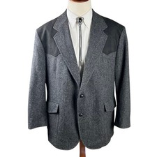 VTG Pendleton Mens 50 Wool Blazer Gray Black Western Yoke Elbow Patches USA Made