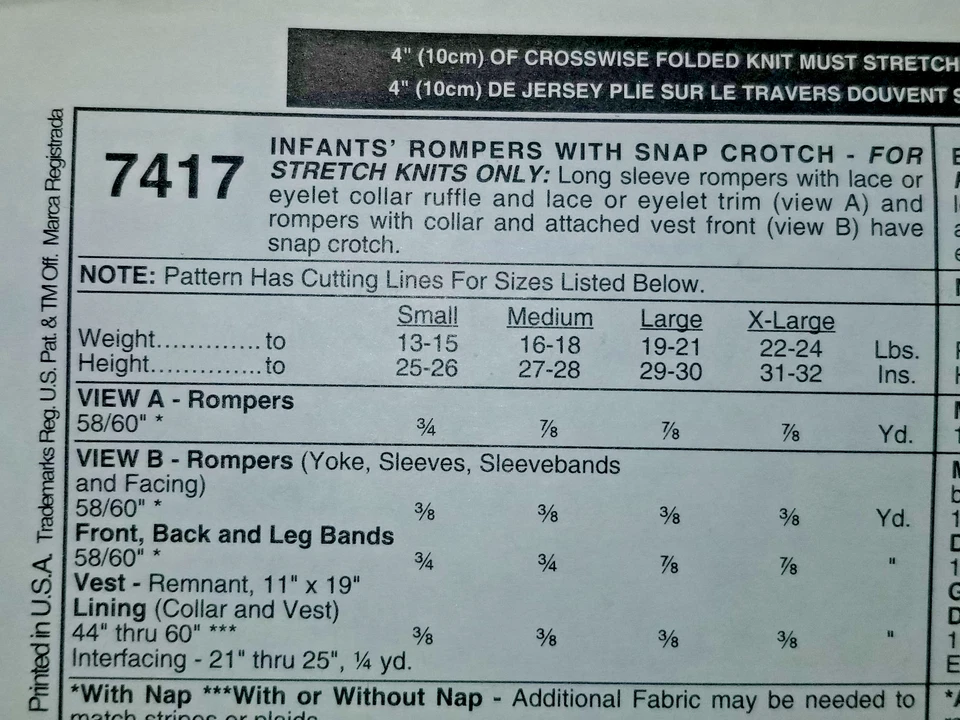 McCall's 7417 Romper One Piece Outfit Sewing Pattern Infants S M L XL Boy Girls - Image 3 of 4