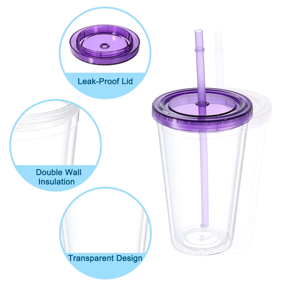 Vaso Acrílico con Tapa y Pajita 16Oz Doble Pared Transparente Vasos Púrpura Foto 3 de 4