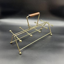 Vintage Drink Holder Caddy Mid Century Modern Metal Wood Barware Gold Retro