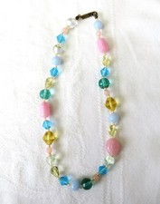 Vintage Miriam Haskell Choker Necklace Glass Beaded Pink Blue Clear Yellow 15"