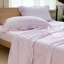 NSNLGSGC Purple Gingham Ruffle Twin Sheet Set Soft Pre-Washed Microfiber