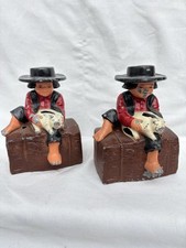 2 Vintage Cast Iron Amish Boy Holding Pig On Bale Of Hay Coin Bank 5”Tall