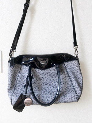 GUESS 1981 Black Gray Logo Monogram Satchel Shoulder Bag Patent Y2K Purse